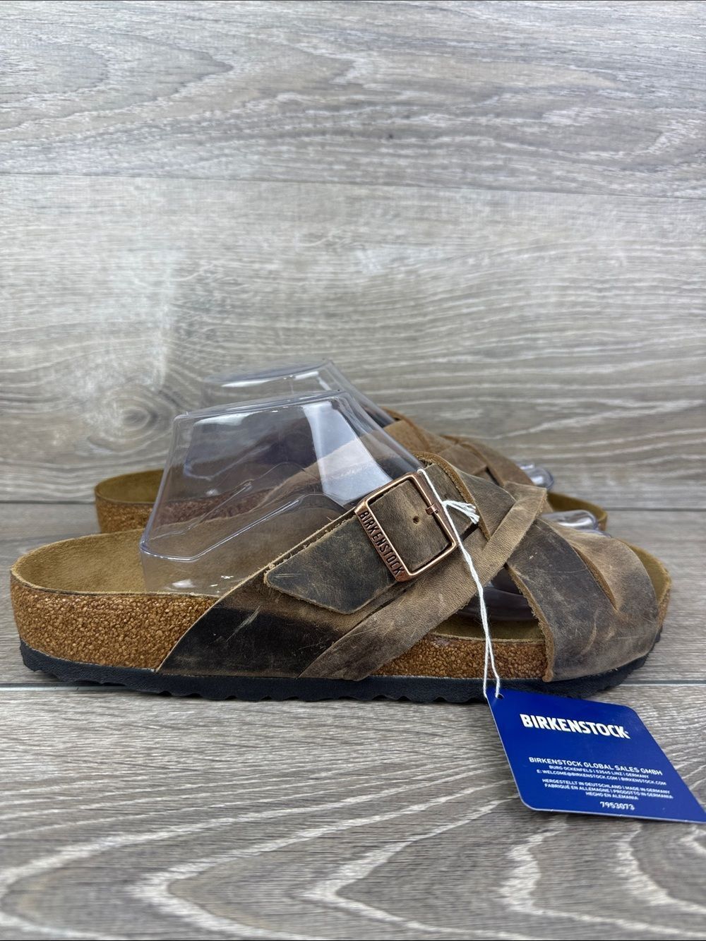 Birkenstock Lugano Men’s Sz 10/EU 43 Camberra Old Tobacco Leather Strap Slides